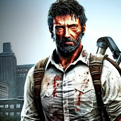 Prompt: Hugh Jackman as Joel in The Last of Us TV series