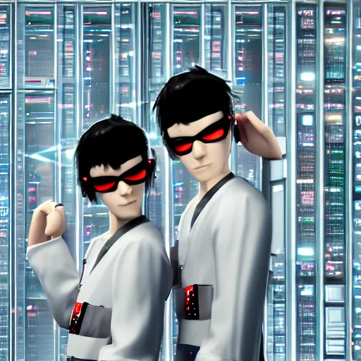 Image similar to twin brothers hacking into the mainframe of the matrix or whatever, in the style of jamie hewlett and riyoko ikeda, octane render