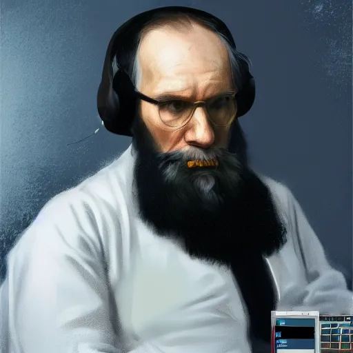 Image similar to painting of leo tolstoy as hacker, leo tolstoy coding, leo tolstoy a hacker, trending on artstation, unreal engine, fantasy art