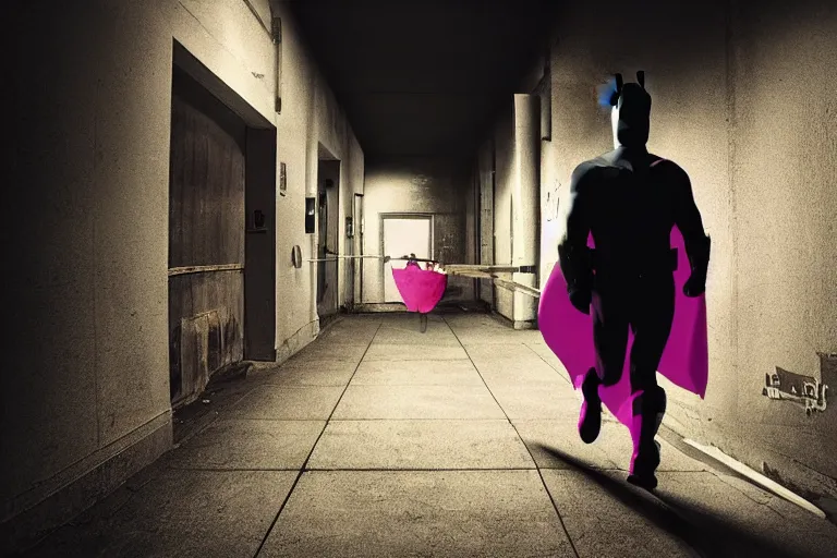 Image similar to batman wearing pink apron wielding an axe, chasing through old brown decrepit hallway, running toward camera, creepy smile, atmospheric eerie lighting, dim lighting, bodycam footage, motion blur, photograph