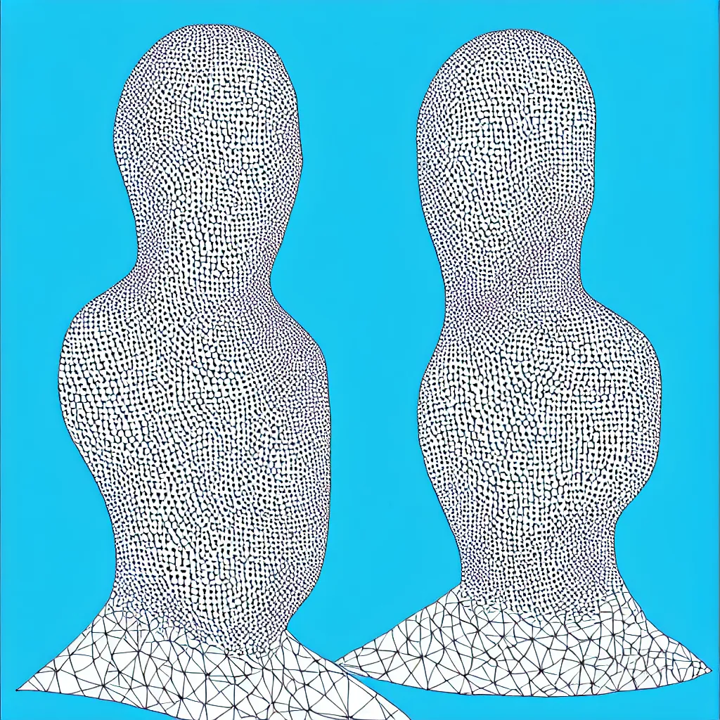 Prompt: a formal self portrait by the artist kelbv, in distinct hyper precise fineliner style with cuboids neatly curving above his head, and exploded body filled with light blue and white spheroids, perfect bright studio lighting.