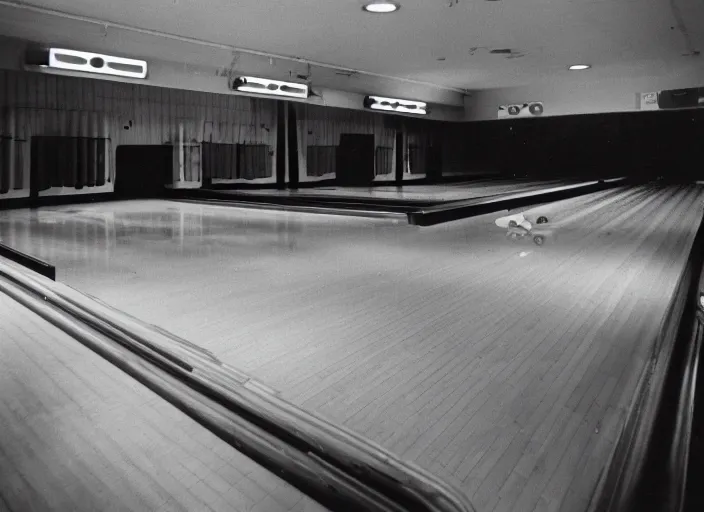 Image similar to a 35mm photograph of an empty bowling alley in the 1950's, bokeh, Canon 50mm, cinematic lighting, photography, retro, film, Kodachrome