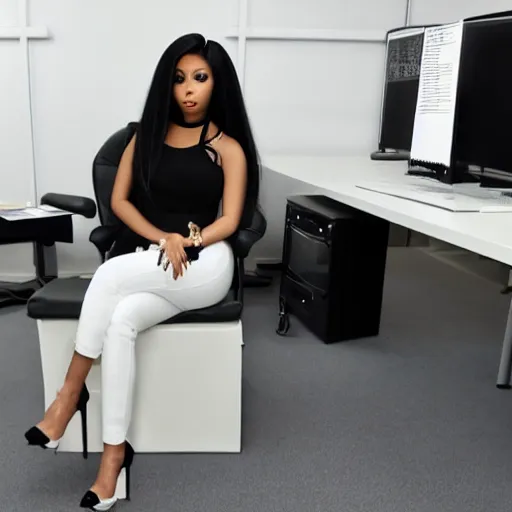 Image similar to nicki minaj sitting in white office