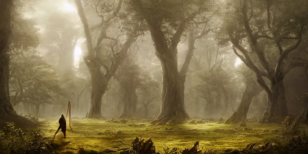 Prompt: a monolithic neoclassical ruined tower and a dark wizard of old walking through an open field with his staff in a beautiful forest of ancient neurons and pink and yellow glowing synapses runnig through the forest, huge incredibly immense trees, highly detailed, hyperrealism, cgsociety, 8k, ancient forest, misty forest, realistic painting, sharp image, hyper realistic art, cinematic, art by konstantin razumov, chiaroscuro