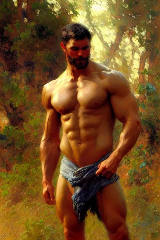 Image similar to attractive muscular man, painting by gaston bussiere, craig mullins