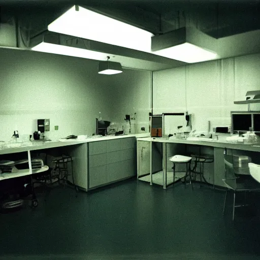 Prompt: noisy color photograph of a break room, laboratory, dark corners, minimalist, cinematic, soft vintage glow