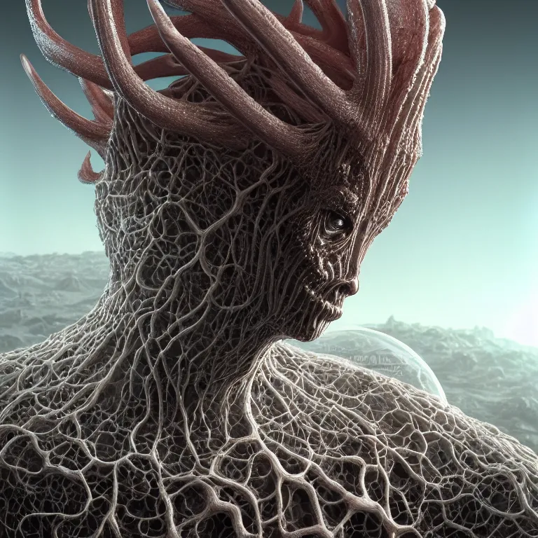 Image similar to portrait of transparent alien man with ribbed body, covered with twisted ribbed crooked antlers in wastelands on white exoplanet, baroque portrait painting, beautiful intricate insanely detailed octane render, artstation, 8 k artistic photography, photorealistic, volumetric perfect light, chiaroscuro, raphael, caravaggio, beksinski, rutkowski, giger