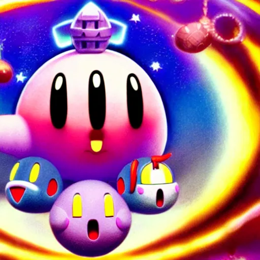 Prompt: kirby consuming the universe, kirby's dreamland as a horror movie