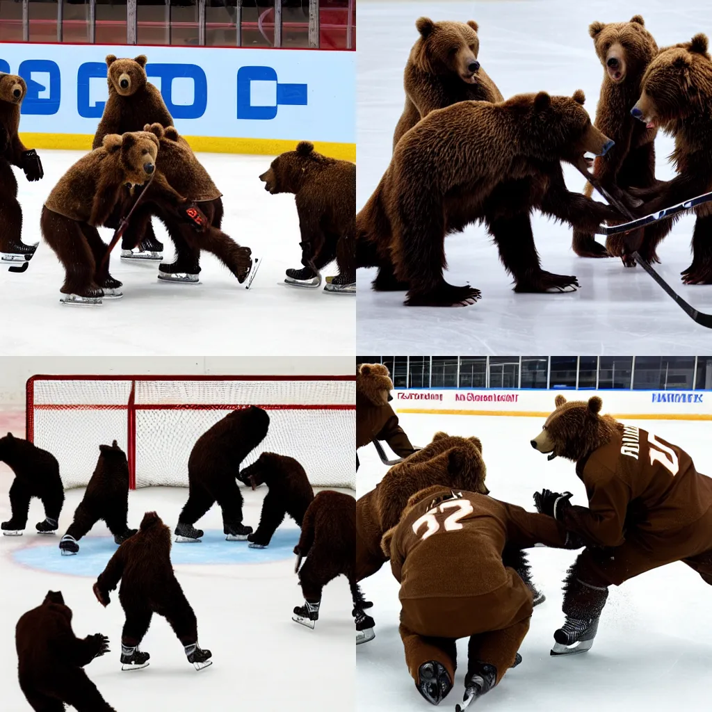 Prompt: A group of brown bears plays ice hockey