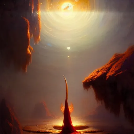 Image similar to giant shining crescent in a magic fluffy persian carpet dimension, by greg rutkowski and gaston bussiere, dim lighting, beautiful volumetric - lighting - style atmosphere, surreal atmosphere, intricate, detailed, photorealistic imagery, artstation