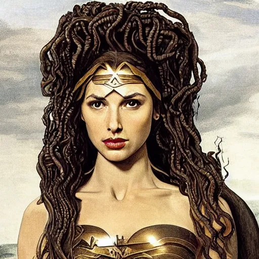 Prompt: gal gadot as medusa on her face an expression of horror and her hair is all writhing serpents by caravaggio