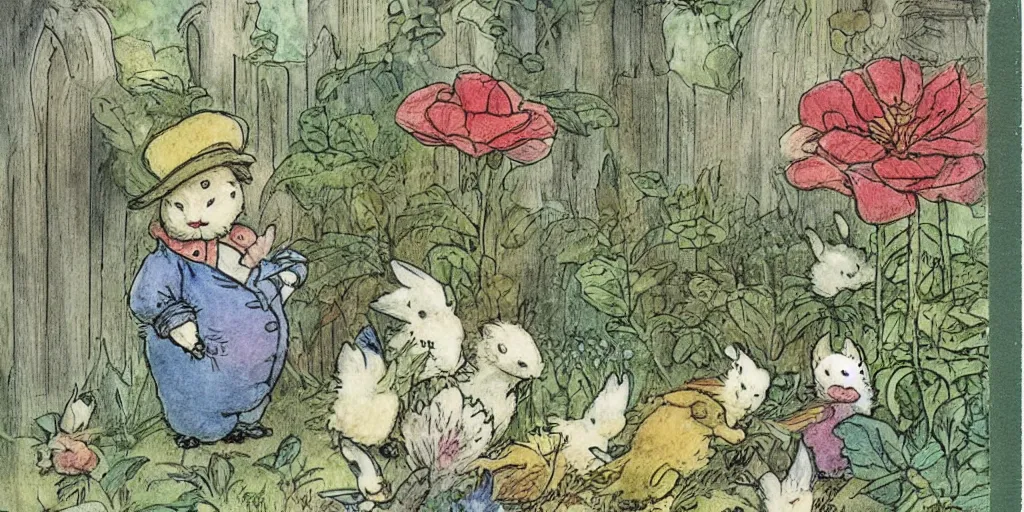 Prompt: poison flask garden book cover by beatrix potter