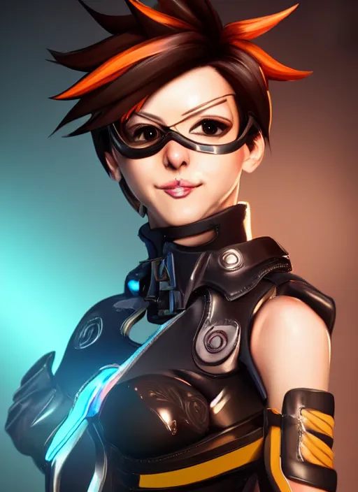 Image similar to full body digital artwork of tracer overwatch, wearing black iridescent rainbow latex, 4 k, expressive happy smug expression, makeup, in style of mark arian, wearing detailed black leather collar, wearing sleek armor, black leather harness, expressive detailed face and eyes,