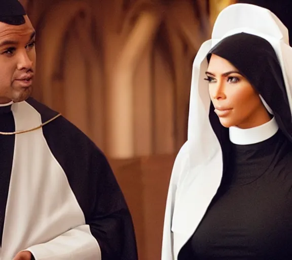 Image similar to a movie still of kim kardashian with a priest as a nun on the alter of a church.