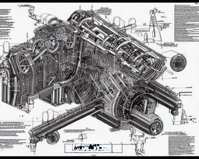 Image similar to a full page of a mechanical blueprint showing a simple cutaway design for a mechanized wolf from howl's moving castle ( 2 0 0 4 ), with people inside piloting it, muted colors, post grunge, studio ghibli, hq