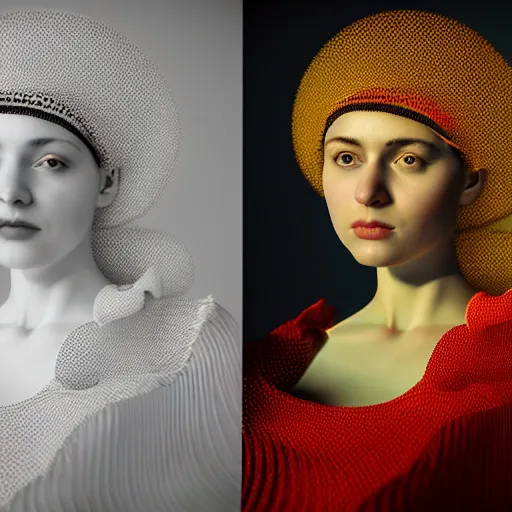 Image similar to hyperrealism photography in caravaggio style quntum computer simulation visualisation of parallel universe sitcom scene with beautiful detailed ukrainian woman kniting with detailed face wearing ukrainian traditional shirt and wearing retrofuturistic sci - fi neural interface designed by josan gonzalez. hyperrealism photo on pentax 6 7, by giorgio de chirico volumetric natural light rendered in blender