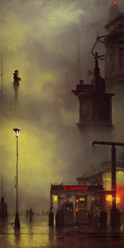 Image similar to a gas station in 1 9 4 0 with yellow and red light in the middle of the night, a men stand up next to the pump, mystical blue fog, oil on canvas, art by andreas achenbach, clemens ascher, tom bagshaw and sabbas apterus,