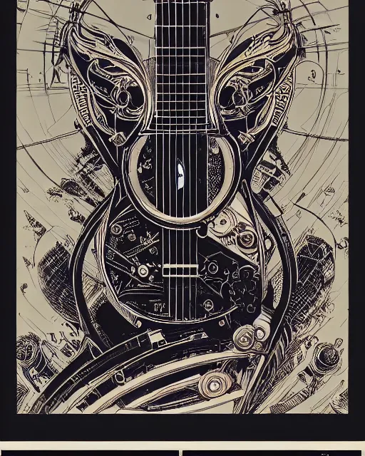 Prompt: a majestic steampunk alchemists guitar, two point perspective, furniture, high details, bold line art, by vincent di fate and joe fenton, inking, etching, screen print, masterpiece, trending on artstation, sharp, high contrast, hyper - detailed,, hd, 4 k, 8 k