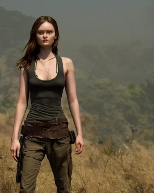 Image similar to bella heathcote as lara croft, golden hour, cinematic