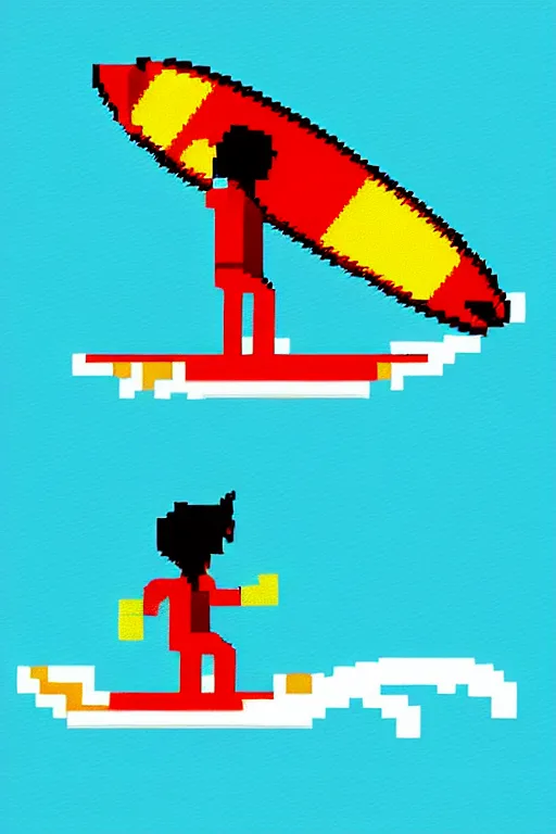 Image similar to a surfer on surfboard on a big wave. sun and sea. colorful. pixelart.