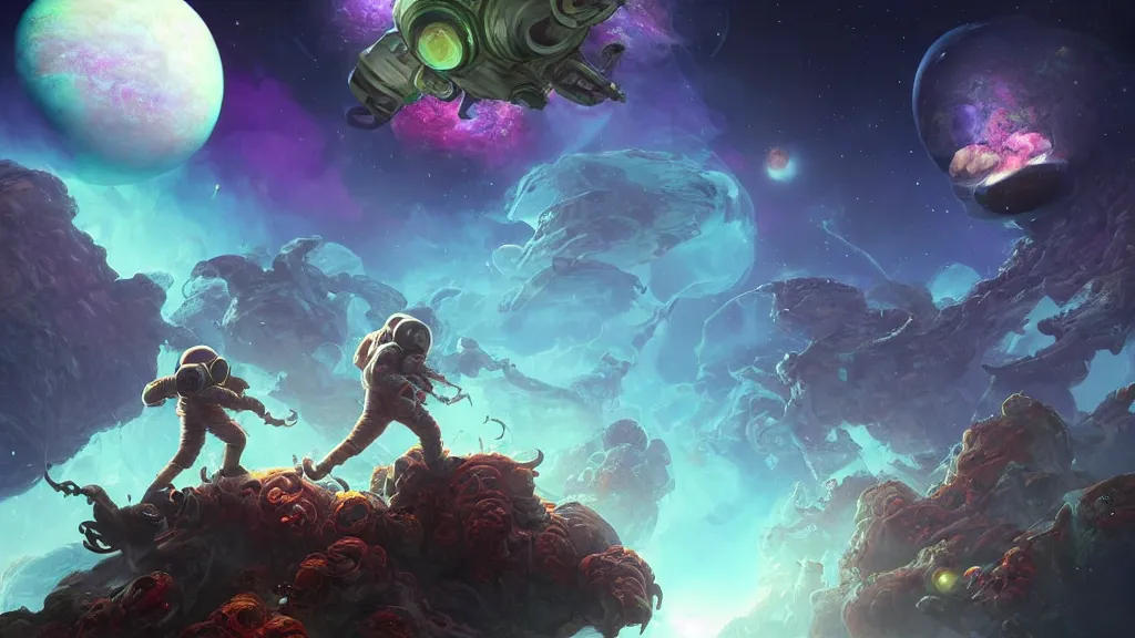 Prompt: Astronauts have a treasure with them, they are running away from the giant Cthulhu that is behind hunting him, they are running over the ring of the gas planet, this is an extravagant planet with wacky wildlife and some mythical animals, the background is full of nebulas and planets, the ambient is vivid and colorful with a terrifying atmosphere, by Jordan Grimmer digital art, trending on Artstation,