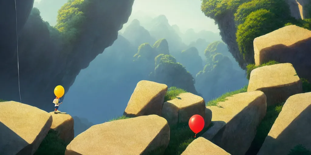 Prompt: a small boy holding balloon walking over the precipice, big stone blocks, studio ghibli, pixar and disney animation, sharp, rendered in unreal engine 5, anime key art by greg rutkowski, bloom, dramatic lighting