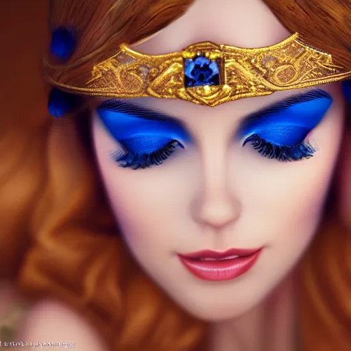 Image similar to a photographic portrait of an fantasy 30 years old princess with a deep blue sapphire and gold small diadem, seductive look, warm and soft colours, light brown hair, cinematic light, bokeh, by Danny Battista canon 50mm, artstation