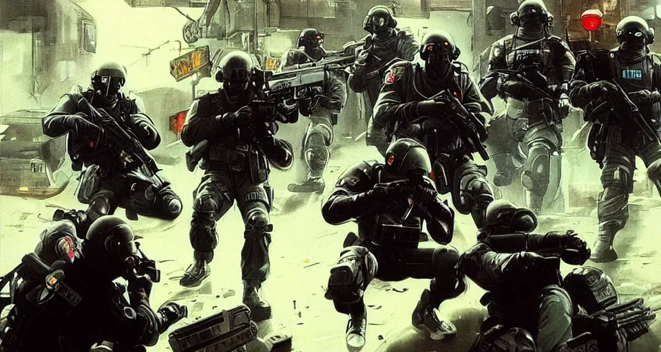 Prompt: 1989 Video Game Concept art of Neo-tokyo Cyborg bank robbers vs police FPS, Multiplayer set-piece Ambush, Tactical Squads :10, Police officers under heavy fire, Suppressive fire, Pinned down, Destructible Environments, Gunshots, Headshot, Bullet Holes and Anime Blood Splatter, :10 Gas Grenades, Riot Shields, MP5, AK47, MP7, P90, Chaos, Anime Machine Gun Fire, Shootout, :14 Akira style :17, Created by Katsuhiro Otomo + Nexon: 20