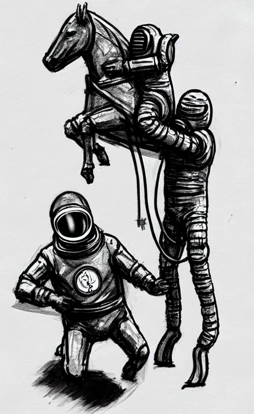 Image similar to man with a horse mask is standing on crawling astronaut, concept art, monthy python sketch, high fidelity details