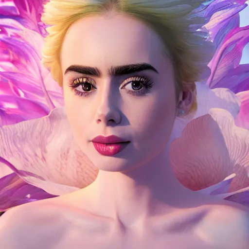 Image similar to a beautiful blonde queen girl lily collins, floating under the deep dream water, beautiful smooth soft light + white petal, oil paint, octane render, unreal engine 5, closeup, 4 k, highly detailed, instagram,