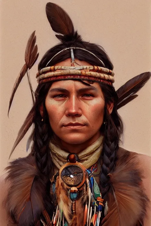 Image similar to A full portrait of a native american scout, intricate, elegant, highly detailed, digital painting, artstation, concept art, smooth, sharp focus, illustration, art by Krenz Cushart and Artem Demura and alphonse mucha