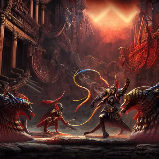 Prompt: fantasy sci fi characters fight in ancient temple, dark vibrant colors, action scene, 8 k, lumen reflections, sharpened, insanely detailed and intricate, hypermaximalist, elegant, ornate, hyper realistic, super detailed, digital art