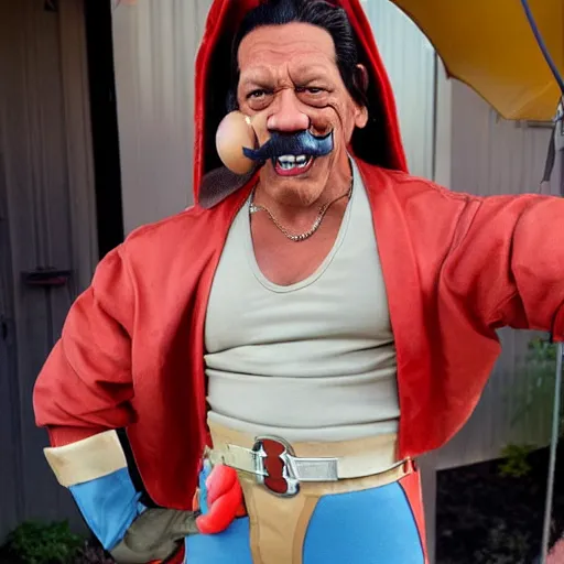 Image similar to Danny Trejo as Bugs Bunny from Looney Tunes, live action movie, set photo in costume, cosplay, photograph