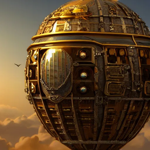 Image similar to enormous flying city in a faberge egg, sky, steampunk, fantasy art, masterpiece, unreal engine, intricate