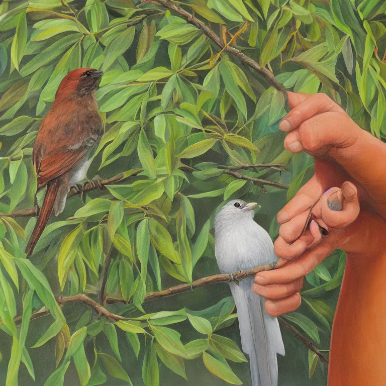 Image similar to a beautiful painting of a bird in hand is worth two in the bush, highly detailed, 8 k resolution, by elizabeth gould