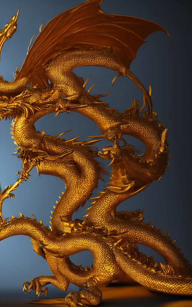 Image similar to depicting a golden dragon. hyper - real, ultra realistic, dark atmosphere, cinematic, 8 k, octane render