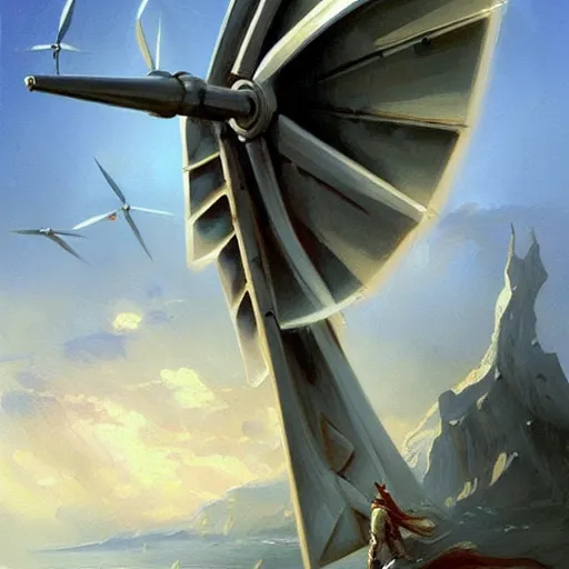 Image similar to level wind turbine propeller winged in Hand Crafted from marble by Futuristic Steampunk Geniuses. Painting by greg rutkowski Donato Giancola Jeff Simpson stamp acrylic