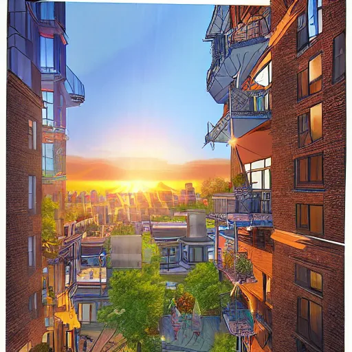 Prompt: the young travelers open the multiversal rift from their rooftop porch in montreal, sunrise, digital art, stunning detail