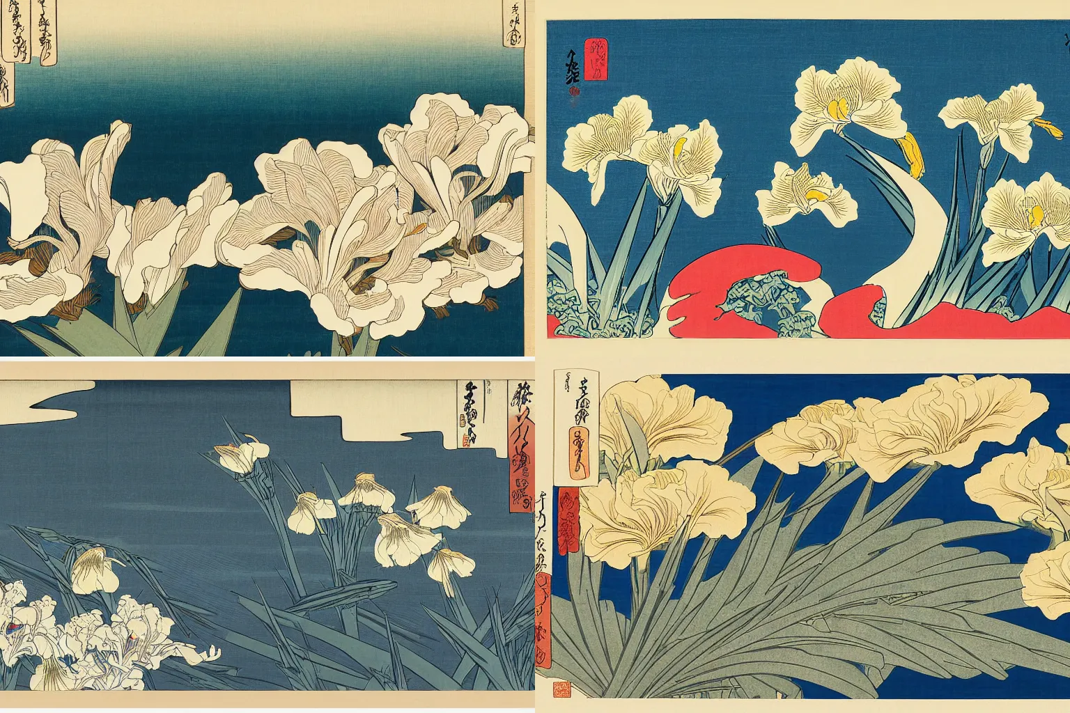 Prompt: a masterful ukiyo - e print of beautiful irises by katsushika hokusai and utagawa hiroshige, masterpiece, hyperdetailed, intricate, complex, 4 k