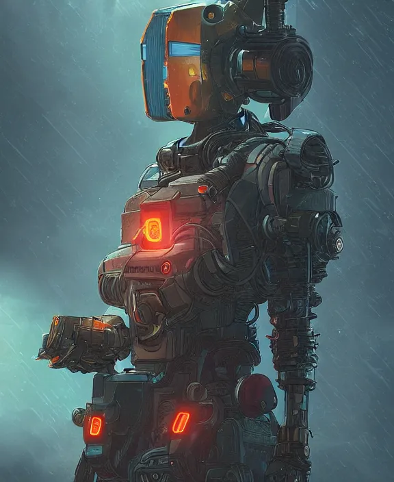 Prompt: cyberpunk pathfinder robot from apex legends character portrait ( blade runner 2 0 4 9 ), portrait by james gurney and laurie greasley, concept art, cinematic composition, dramatic lighting, highly detailed, vintage sci - fi