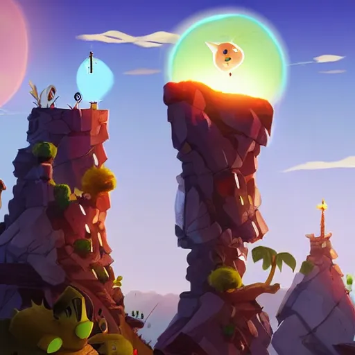 Image similar to angry birds flying around a tall futuristic beacon shining light across the landscape, live action movie scene, dramatic light,