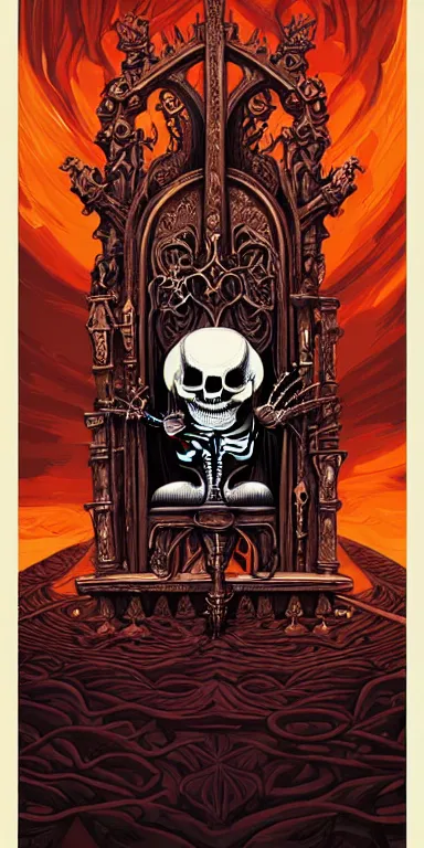 Image similar to a painting of a skeleton sitting on a throne, poster art by Petros Afshar, James Jean, Joe Fenton, Lise Deharme, Anne Stokes, Brian Despain behance contest winner, gothic art, tarot card, apocalypse art, behance hd, macabre poster art, gothic art