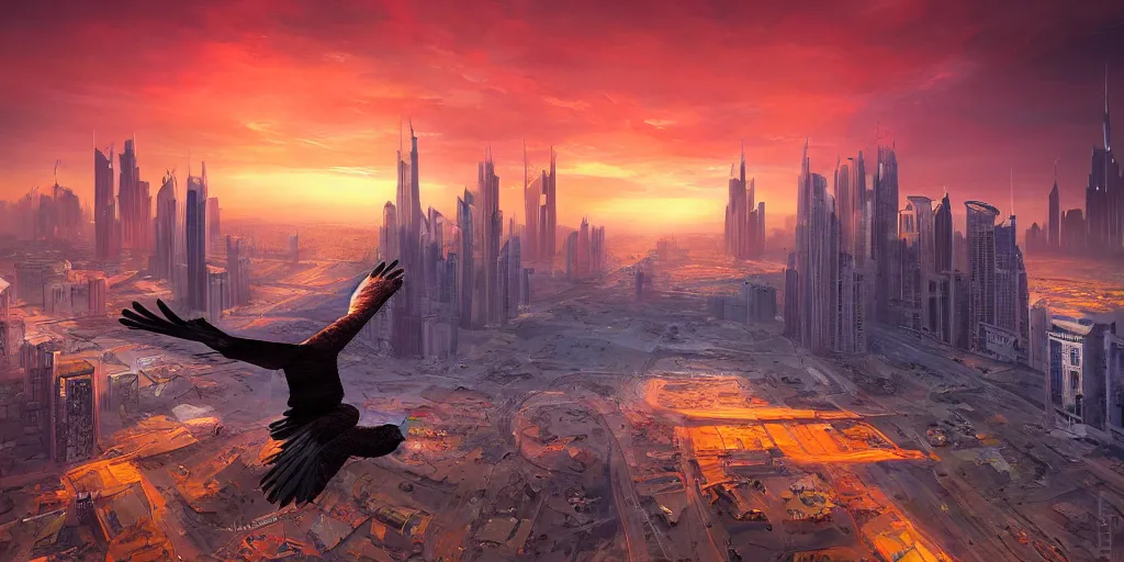 Prompt: a very large eagle flying over an abandoned dubai, cinematic film, very intense and vibrant colors, dramatic, sunset light, by jordan grimmer, dynamic painting