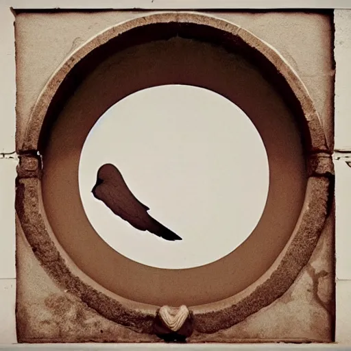 Image similar to a portal the shape of a human ear and a dove flying