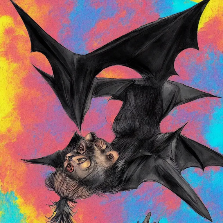 Image similar to a melancholic bat!!! hanging upside down from the ceiling, sad, psychedelic, beautiful composition, beautiful colors, artstation