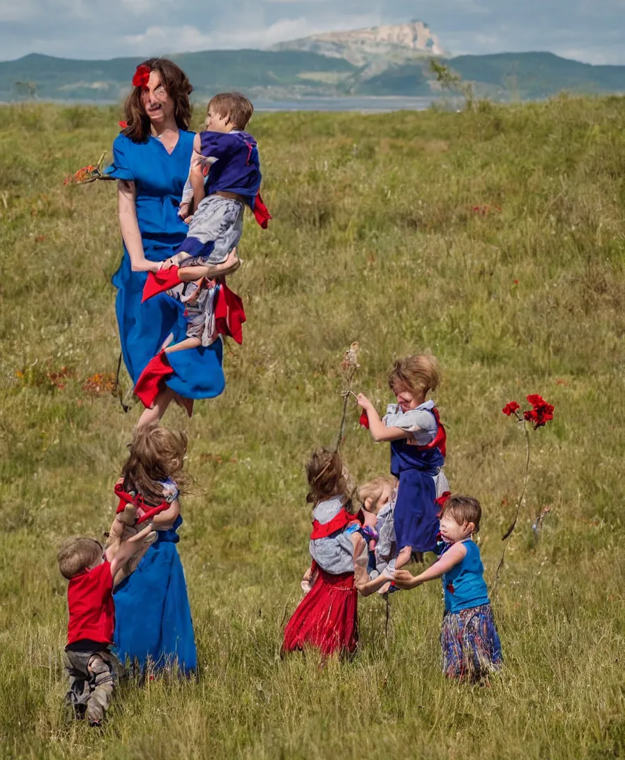 Prompt: a woman playing with two small boys in a dried out meadow, one red flower behind her on the right side, one boy has a blue cloth and is playing with a cross, on the horizon there is a blue lake with a medieval town, water, ships, castle, houses, behind that turquoise mountains, blue sky, woman has a red shirt and a blue skirt, woman is sitting, madonna, babies in her lap, pale, christian, red curled hair, some trees in the style of Raffael, oil painting, style Italian Renaissance, museum, art history, renaissance, 1505