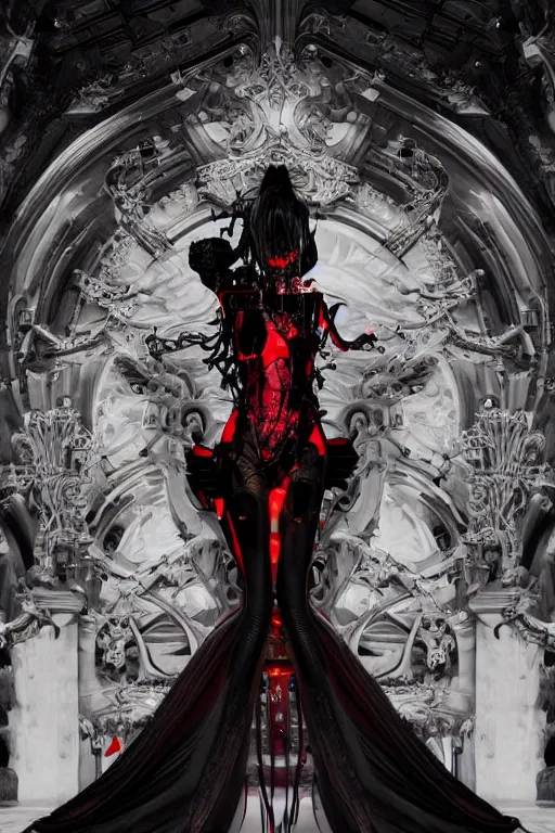 Image similar to full-body cyberpunk style sculpture of a young beautiful dark priestess, half android with a head opening exposing circuitry, glowing red eyes, black roses, flowing blood-red colored silk, fabric, candles. baroque elements, human skull, full-length view. baroque element. intricate artwork by Caravaggio. crows flying in background. Trending on artstation, octane render, cinematic lighting from the right, hyper realism, octane render, 8k, depth of field, 3D