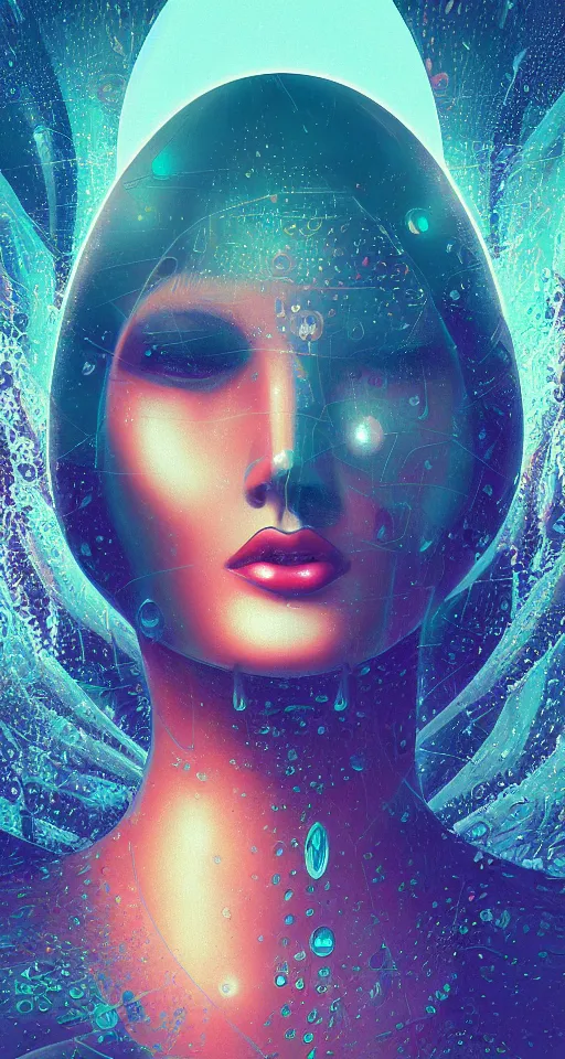 Prompt: art deco close up portait of head surrounded by spheres, rain like a dream digital painting curvalinear clothing cinematic dramatic fluid lines otherworldly vaporwave interesting details epic composition by artgerm