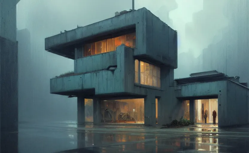 Image similar to painting of a wide angle exterior shot of a brutalist architecture house with rainy and moody cinematic lighting by darek zabrocki and greg ruthkowski, alphonse mucha, simon stalenhag and cinematic and blue cold atmospheric, archillect concept art, artstation, trending on artstation