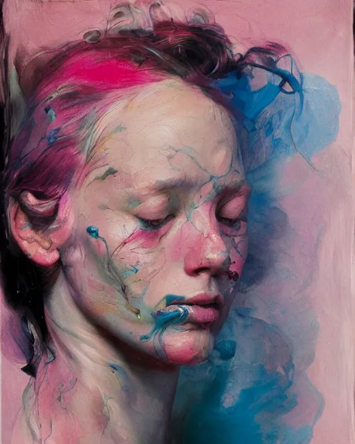 Prompt: pink blue gilded ink smoke portrait of a beautiful girl, by Jenny Saville, oil on canvas, painterly brushwork